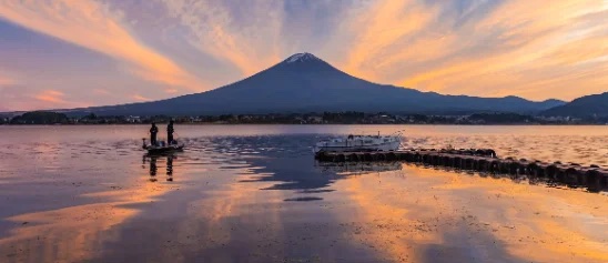 Mount Fuji across Lake Kawaguchiko at dusk