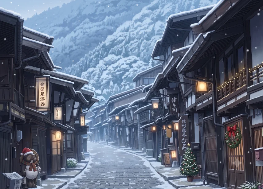 The old post town at Narai-juku under snow